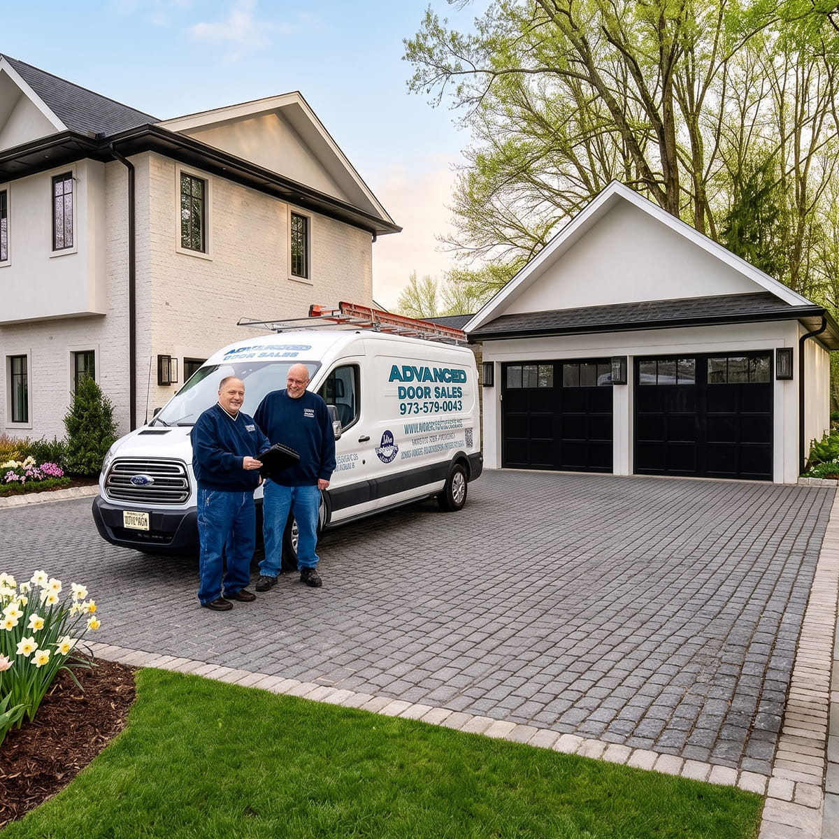Advanced Door Sales technicians after completing a garage door installation in New Jersey