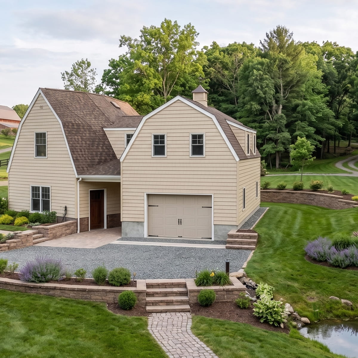 Farmhouse style garage door installation in Colts Neck, New Jersey with a custom overhead garage door