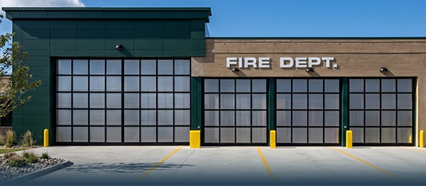 glass garage doors installed at firehouse in New Jersey commercial building