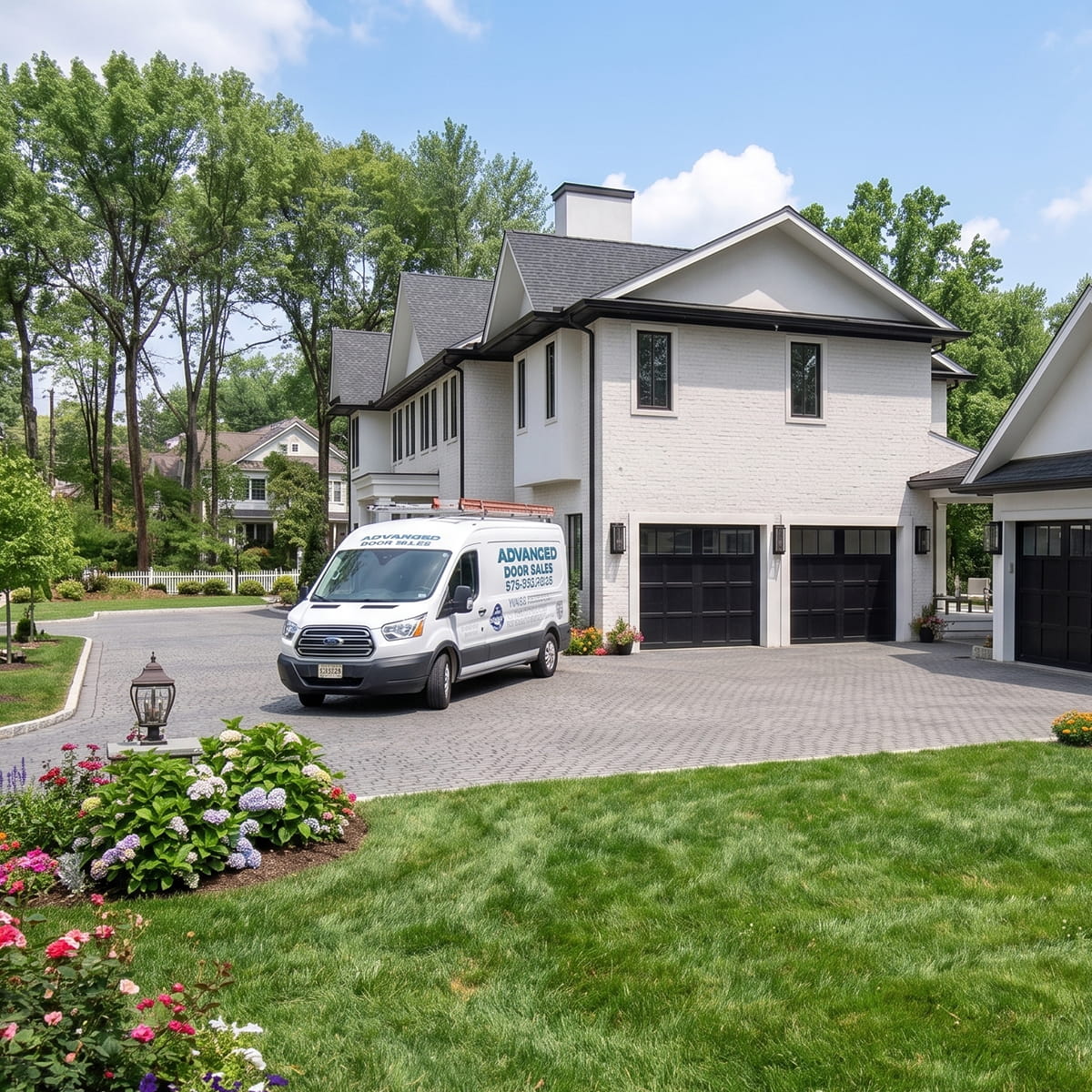 Garage door company truck at a New Jersey home with newly installed residential garage doors in